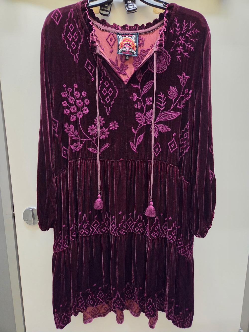 JOHNNY WAS LOS ANGELES Ivey Velvet Field Tiered Long Sleeve Maroon Wine Dress